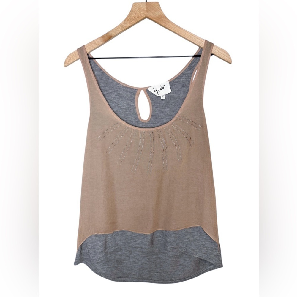Hy & Dot Layered Silk Metallic Sunburst Tan Gray Keyhole Swing Tank Sz M